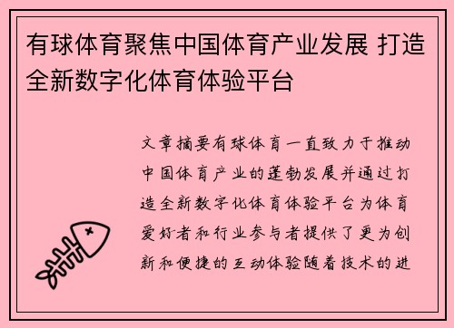 有球体育聚焦中国体育产业发展 打造全新数字化体育体验平台