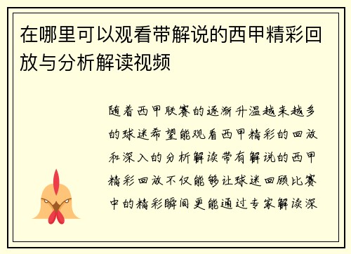 在哪里可以观看带解说的西甲精彩回放与分析解读视频
